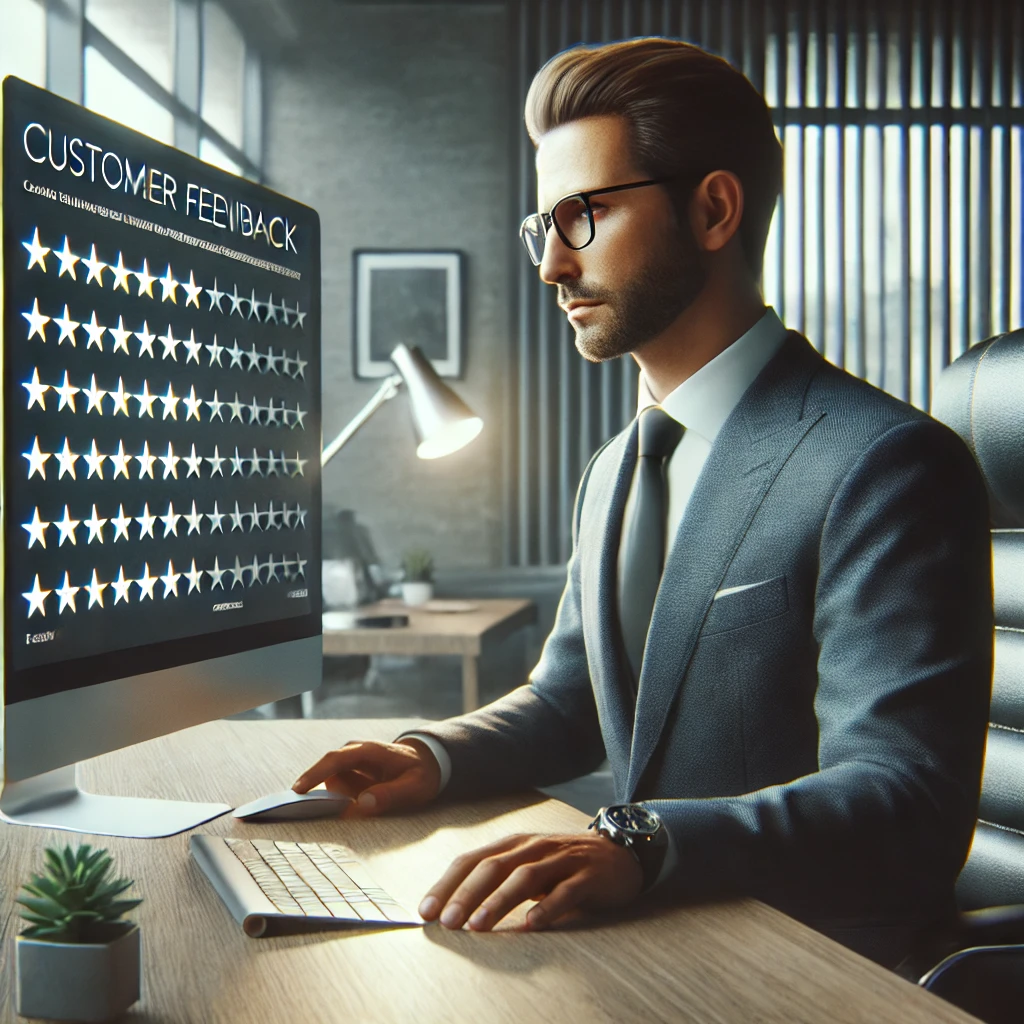 Ein professioneller Geschäftsinhaber analysiert Online-Bewertungen auf 11880.com in einer modernen Büroumgebung.