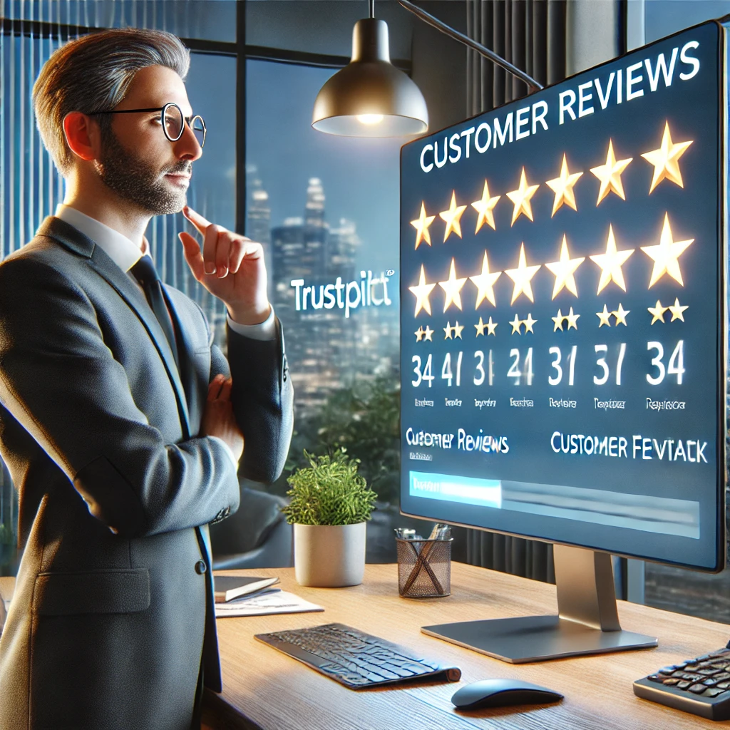 Ein Geschäftsmann analysiert Kundenbewertungen auf einem TrustPilot-Dashboard in einem modernen Büro.