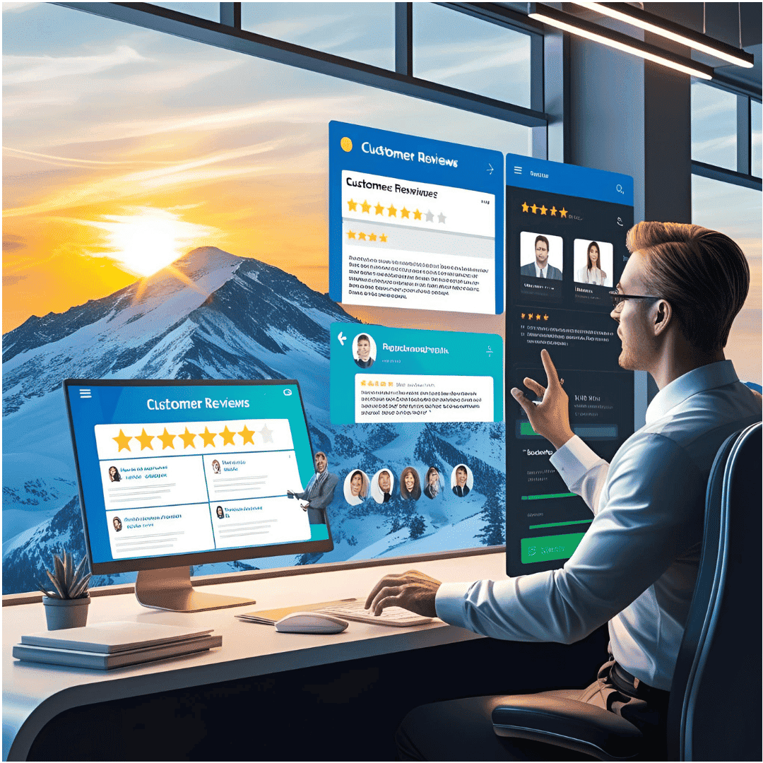 Ein erfolgreicher Unternehmer analysiert Kundenbewertungen auf einem digitalen Dashboard in einem modernen Büro.