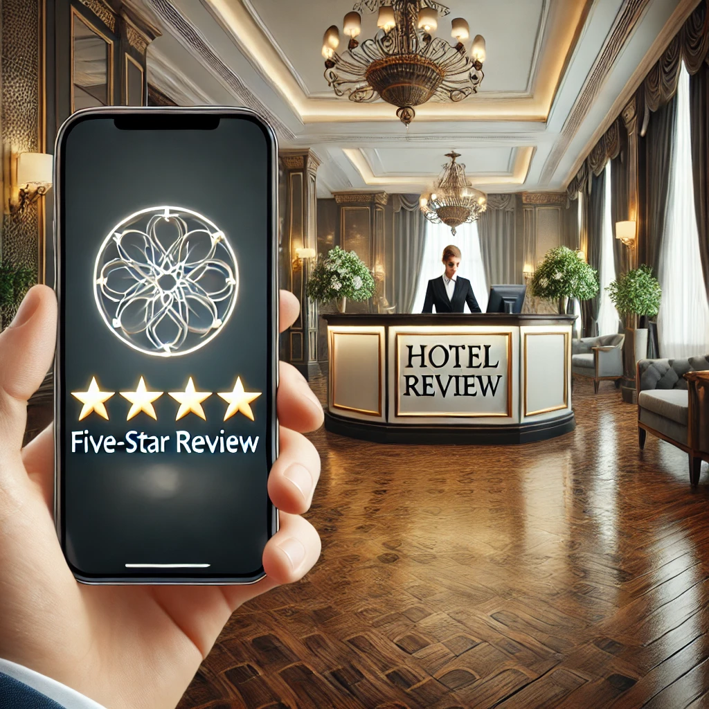 Luxuriöse Hotellobby mit einem Gast beim Check-in, im Vordergrund ein Smartphone mit einer 5-Sterne-Bewertung – Symbol für die Bedeutung von Online-Hotelbewertungen.