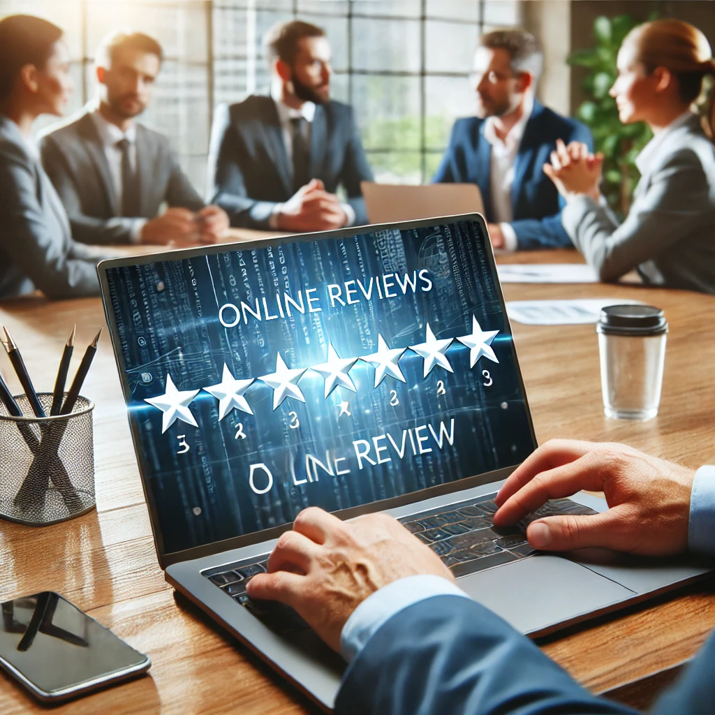 Laptop mit einer 5-Sterne-Bewertung auf dem Bildschirm, im Hintergrund diskutieren Geschäftsleute über Marketingstrategien – Symbol für den Einfluss von Online-Bewertungen im digitalen Marketing.