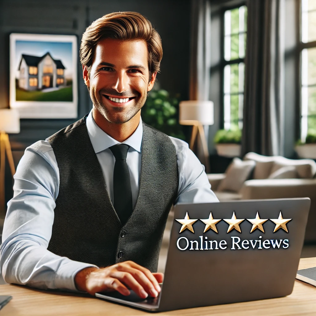 Ein professioneller Immobilienmakler sitzt an einem modernen Schreibtisch und überprüft Online-Bewertungen auf einem Laptop.
