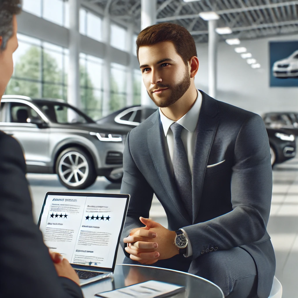 Professioneller Autohändler in einem modernen Autohaus, im Gespräch mit einem Kunden, während er Online-Bewertungen auf einem Laptop zeigt. Vertrauenswürdige Atmosphäre mit Premium-Fahrzeugen im Hintergrund.