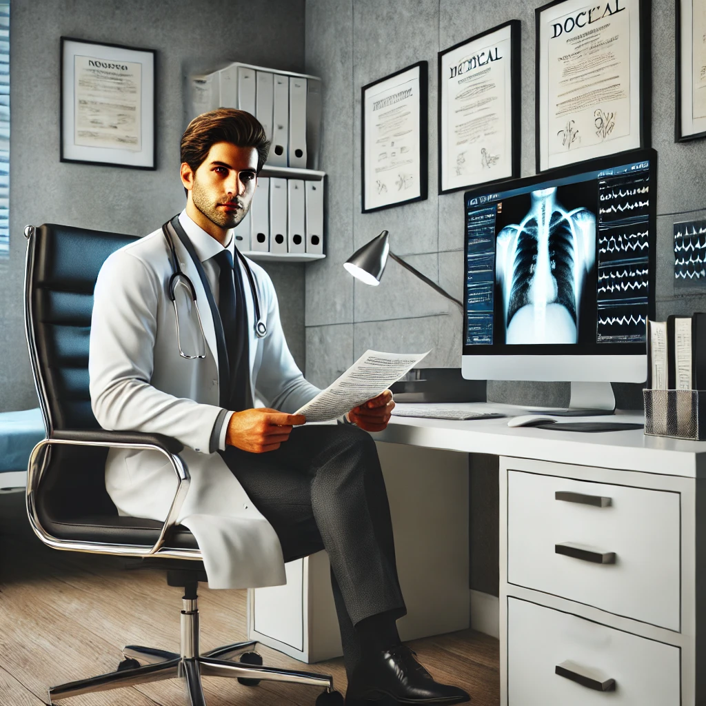 Vertrauenswürdiger Arzt in einem modernen Büro, überprüft Patientenakten auf einem Computer.