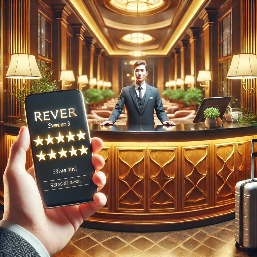 Ein luxuriöser Hotelgast checkt an der Rezeption ein, während er eine 5-Sterne-Bewertung auf seinem Smartphone abgibt.