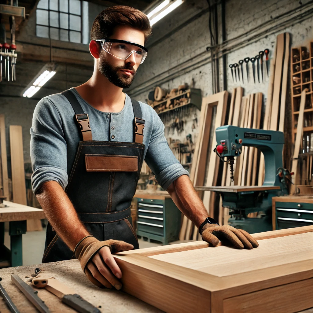 Ein professioneller Handwerker in einer modernen Werkstatt, trägt Schutzbrille und Arbeitshandschuhe, während er eine fertige Holzarbeit inspiziert.