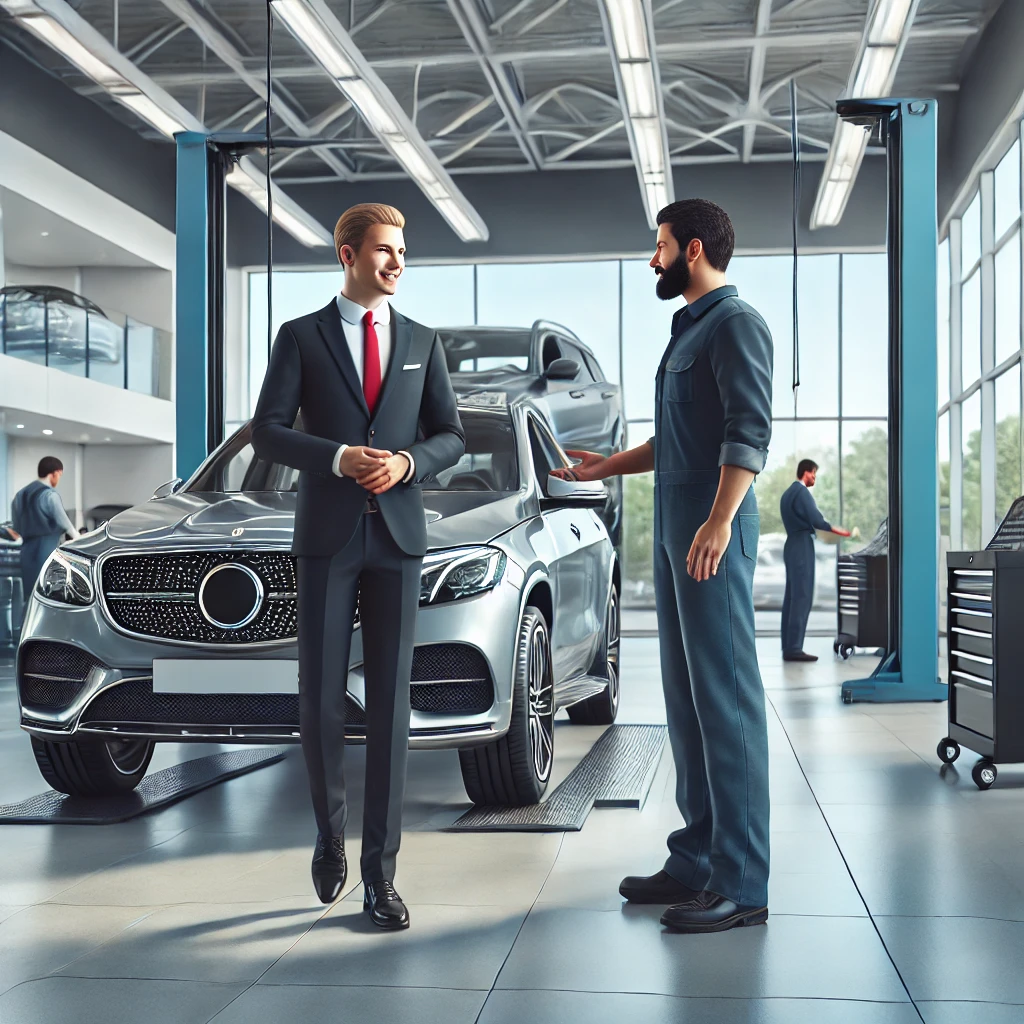 Ein professioneller Autohändler präsentiert einem Kunden ein Fahrzeug in einem modernen Autohaus, während im Hintergrund ein Mechaniker ein Auto inspiziert.