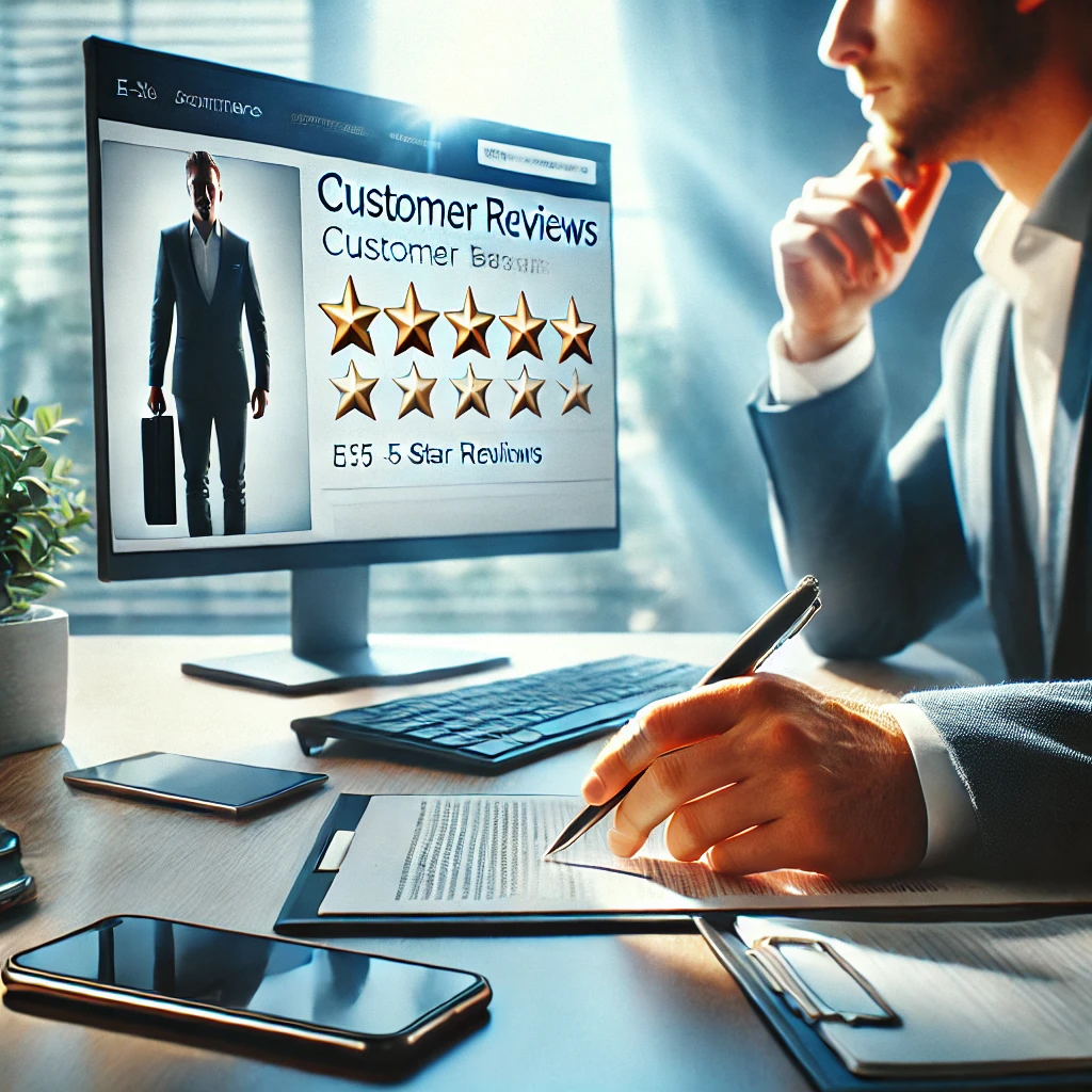 Ein E-Commerce-Unternehmer analysiert Kundenbewertungen auf einem Monitor, um die Online-Reputation seines Shops zu verbessern.