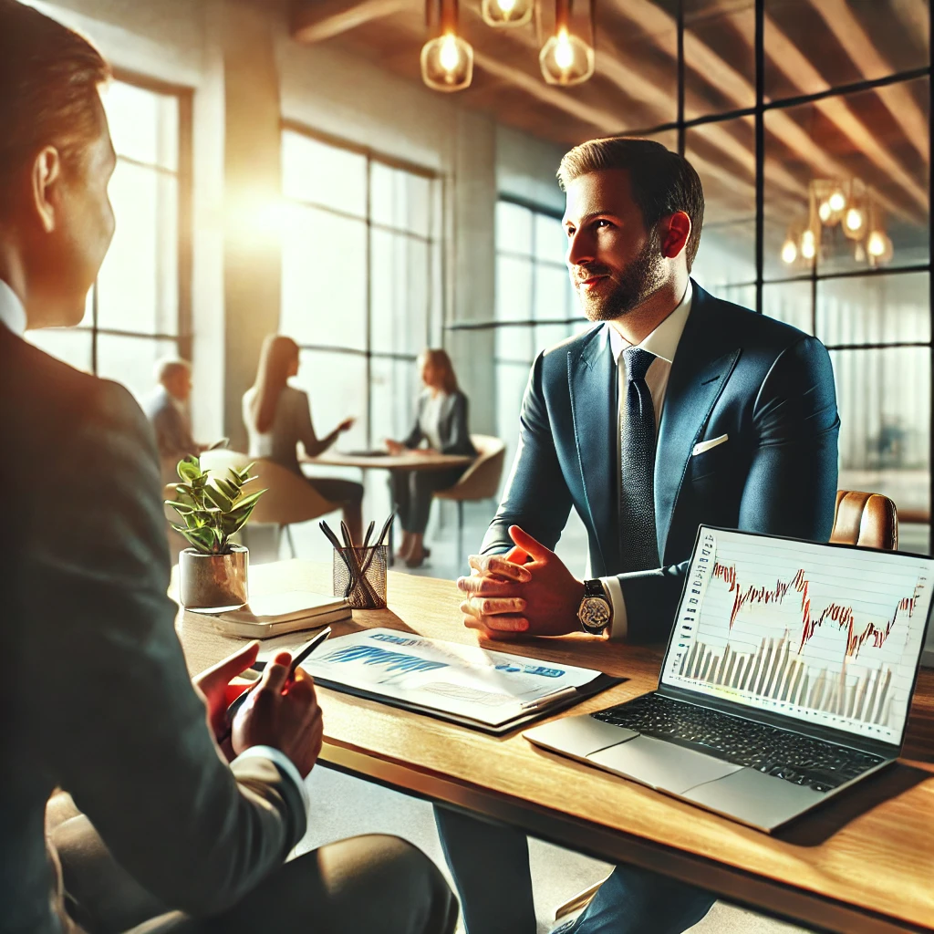 Ein professioneller Finanzberater in einem modernen Büro, bespricht Investitionsstrategien mit einem Kunden. Auf dem Tisch liegen ein Laptop mit Finanzcharts, ein Notizblock und Stifte – eine vertrauenswürdige Beratungsszene.