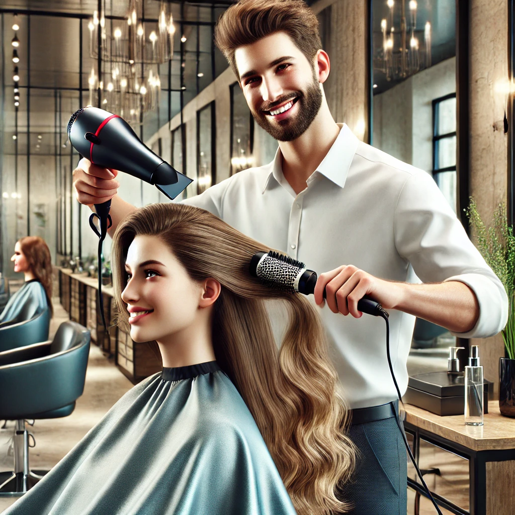 Professioneller Friseur stylt das Haar einer Kundin in einem modernen Beauty-Salon. Der Friseur lächelt, während er mit Föhn und Bürste arbeitet. Die Kundin sieht zufrieden in den Spiegel.