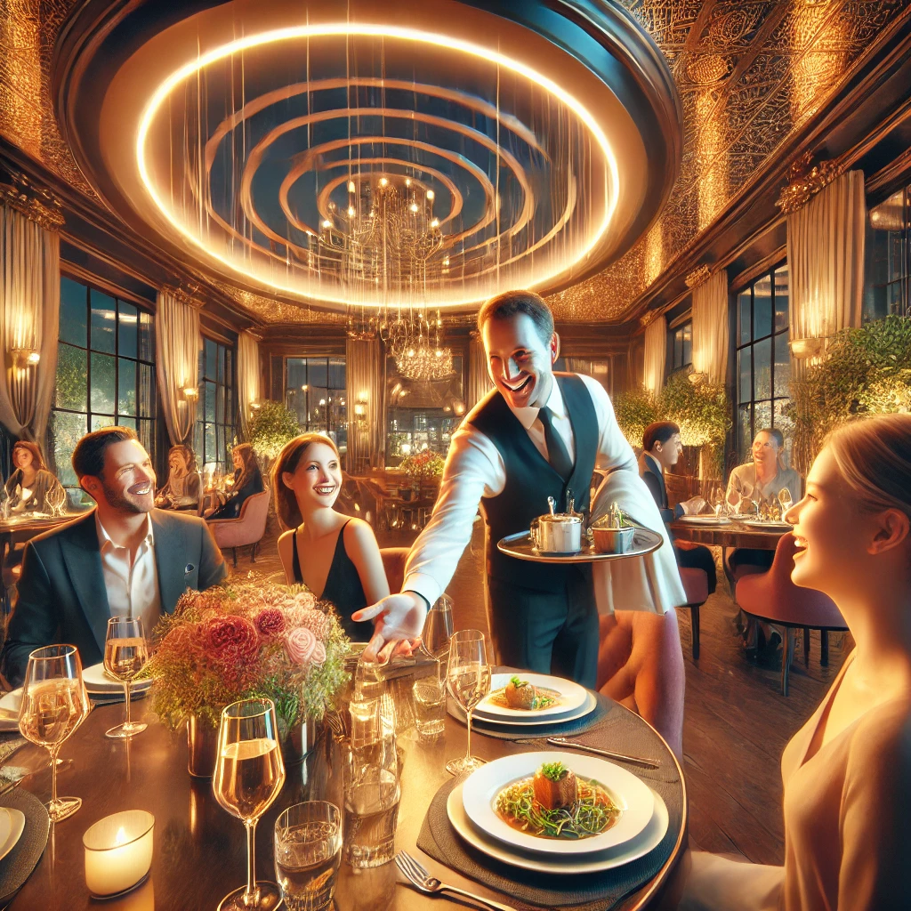 Hochwertiges Restaurant mit eleganter Atmosphäre, in dem Gäste ein erstklassiges Essen genießen. Ein freundlicher Kellner serviert stilvoll angerichtete Speisen.