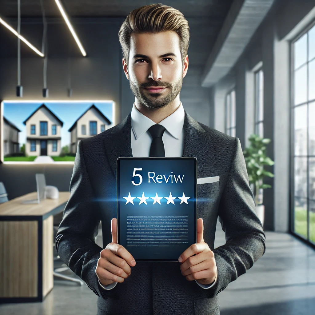 Professioneller Immobilienmakler analysiert Online-Bewertungen zur Verbesserung seiner Reputation.