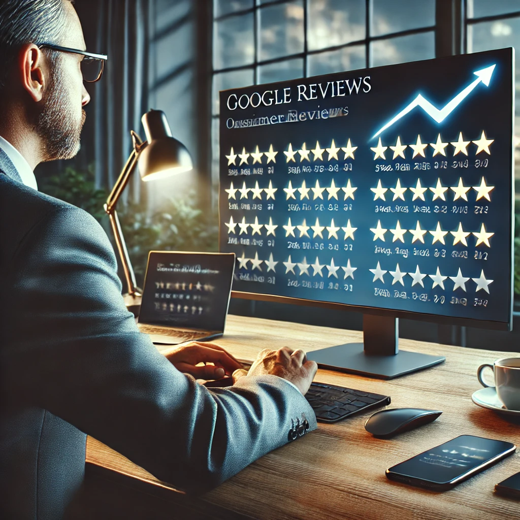 Geschäftsmann analysiert Google-Bewertungen auf einem großen Bildschirm in einem modernen Büro.