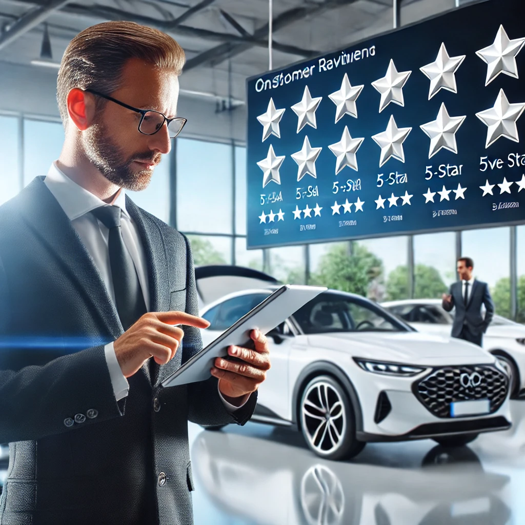 Ein professioneller Autohändler in einem modernen Showroom überprüft Kundenbewertungen auf einem Tablet. Im Hintergrund sind luxuriöse Autos und eine digitale Anzeige mit Fünf-Sterne-Bewertungen sichtbar.