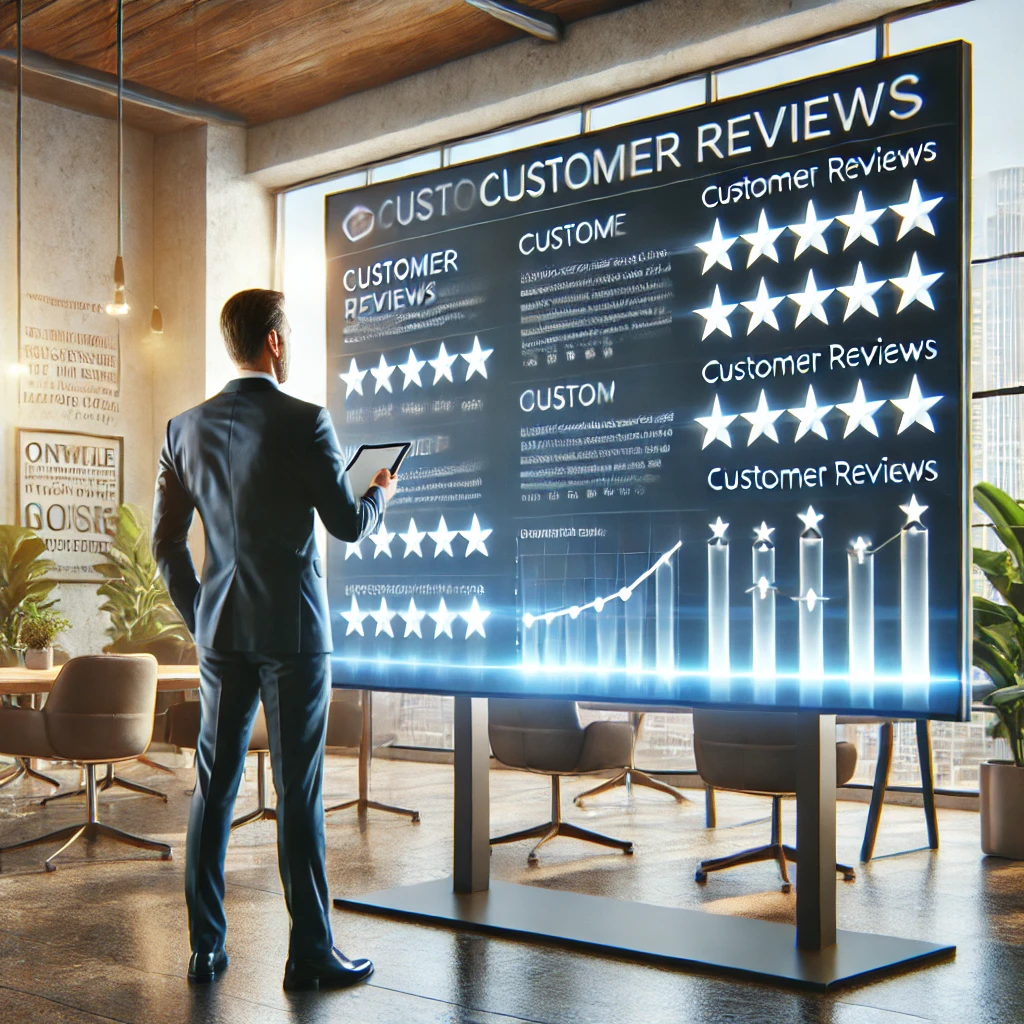 Ein erfolgreicher Geschäftsinhaber analysiert Kundenbewertungen auf einem interaktiven digitalen Bildschirm in einem modernen Büro.