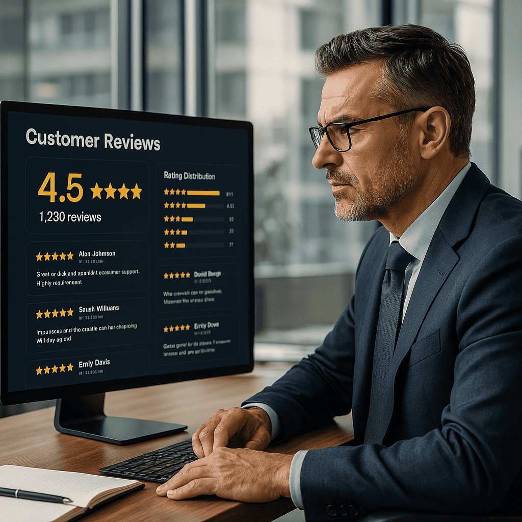 Ein erfolgreicher Unternehmer analysiert seine Online-Bewertungen auf einem digitalen Dashboard in einem modernen Büro.