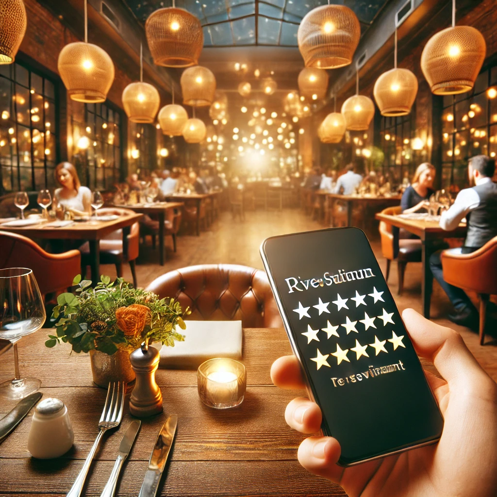 Gemütliches Restaurant mit Smartphone, das eine 5-Sterne-Bewertung anzeigt – Symbol für die Bedeutung von Online-Bewertungen.