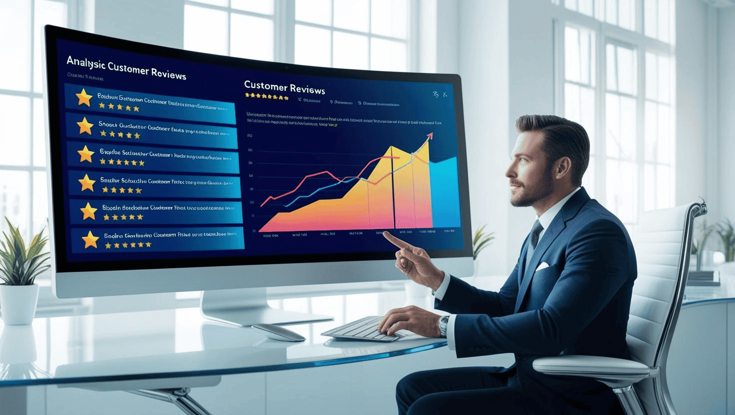 Ein erfolgreicher Unternehmer analysiert Kundenbewertungen auf einem digitalen Dashboard. Sternebewertungen und Kurvendiagramme zeigen den positiven Einfluss von Rezensionen auf die Conversion-Rate.