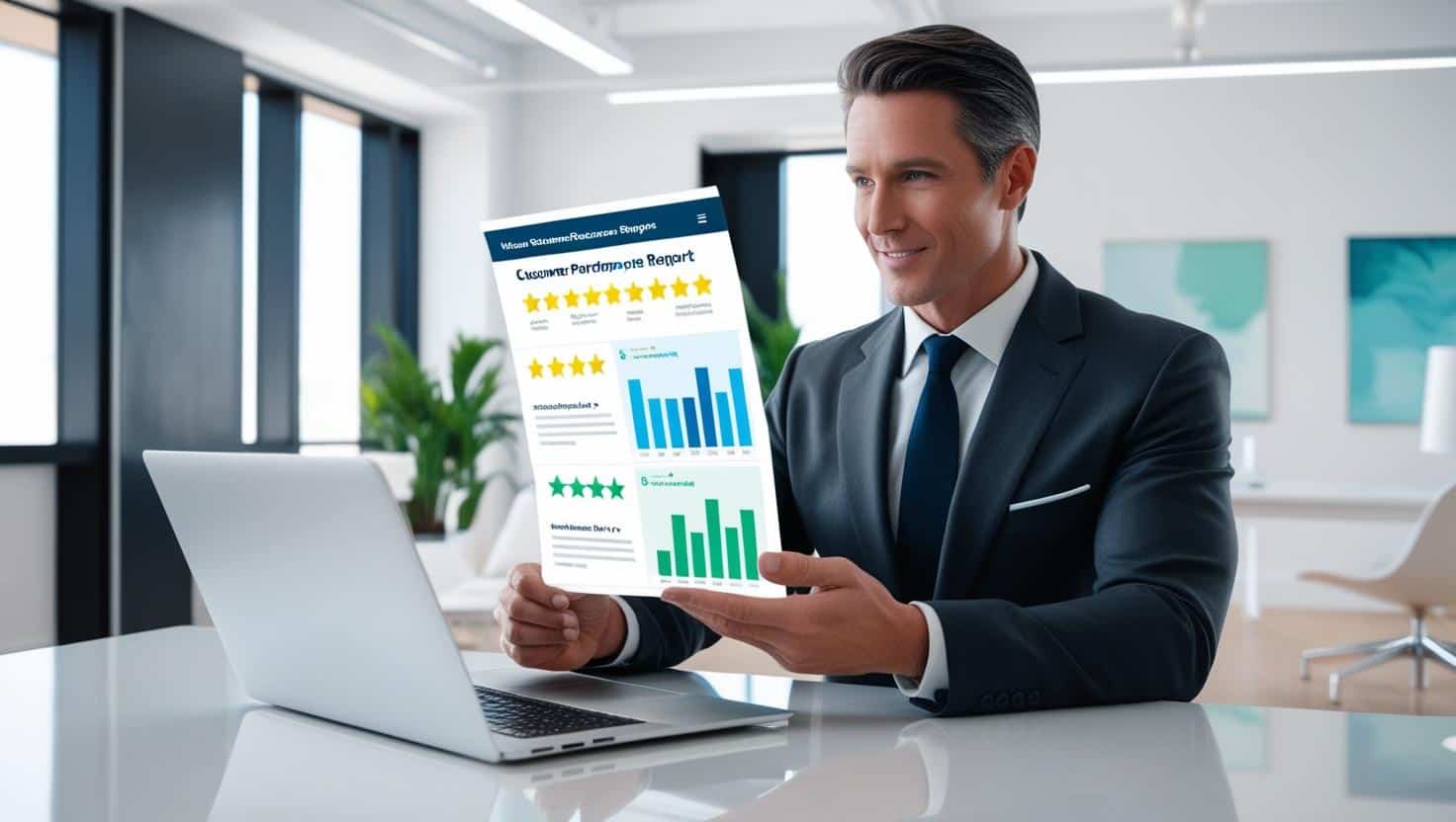 Ein Unternehmer analysiert einen digitalen Leistungsbericht mit Bewertungen und Sternebewertungen auf dem Bildschirm.