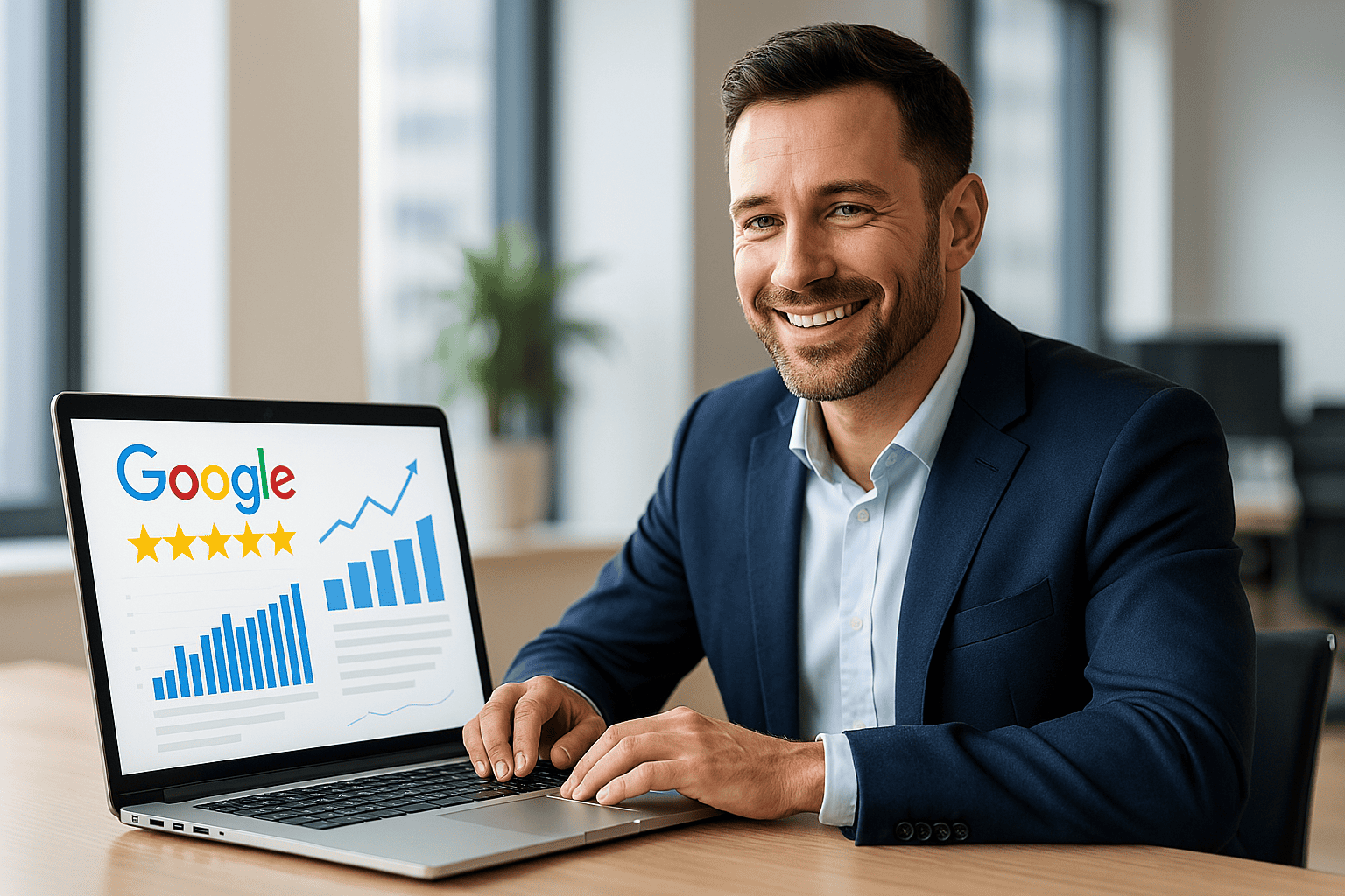 Ein Geschäftsinhaber blickt auf seinem Laptop auf zahlreiche 5-Sterne-Bewertungen bei Google
