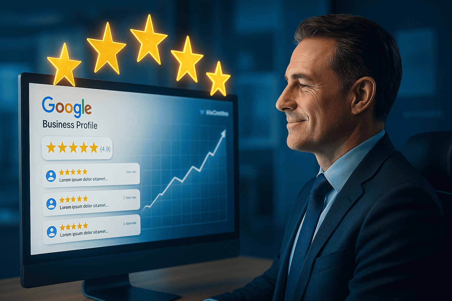 Geschäftsmann in modernem Büro betrachtet zufrieden einen großen Monitor mit Google Business Profil, auf dem 5-Sterne-Bewertungen in Echtzeit erscheinen, umgeben von holografischen goldenen Sternen.